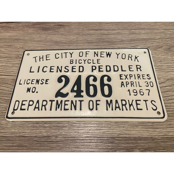 Vintage 1967 New York City Push Cart Licensed Peddler License Plate White Black